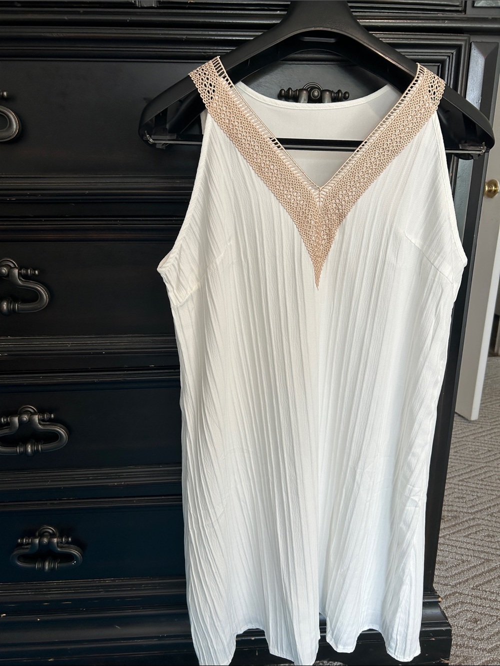 SHEIN White Midi Dress with Beige Crochet V-Neck Trim